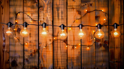 String of vintage Edison light bulbs hanging against a wooden wall with visible grain and warm ambient lighting.