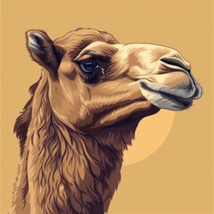 Artistic illustration of a camel's face, detailed and expressive, set against a beige background.