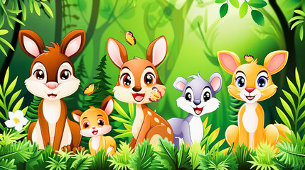 Colorful illustration of animated forest animals including rabbits, a squirrel, and a butterfly in a vibrant green forest setting.