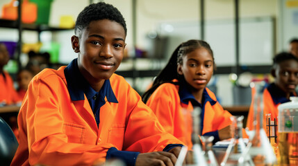 Young students in lab coats conducting experiments in a science classroom, engaged in learning with beakers and lab equipment visible.