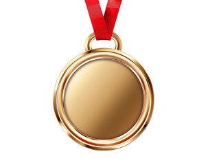 Gold medal with red ribbon on white background