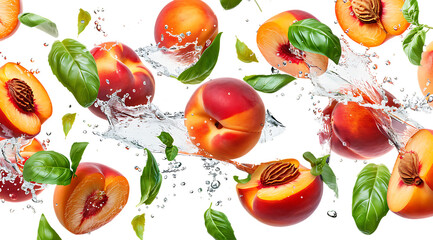 Falling fresh peaches and basil leaves isolated on white background 