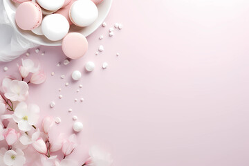 A pink background with white macarons and small flowers