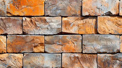 Textured brick wall with varied orange and brown hues, showcasing a patterned arrangement of weathered rectangular bricks.