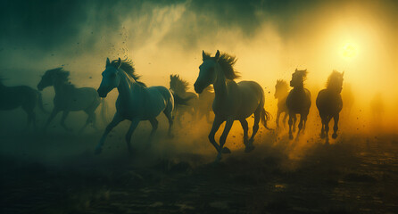 Horses running in the fog