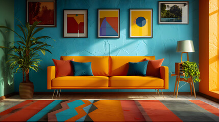 A vibrant living room features a colorful couch and patterned rug.