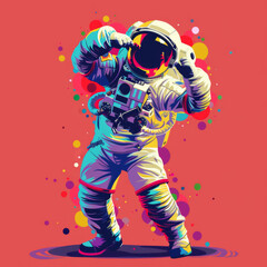 Fototapeta premium A series of illustrations featuring a playful astronaut in various poses with a retro design and colorful spacesuit against a vibrant background.
