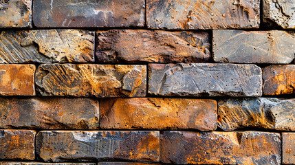 Close-up of a textured brick wall with varied brown and rust hues, showing patterns of weathering and age.