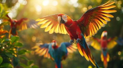 Macaw parrots flying in the jungle