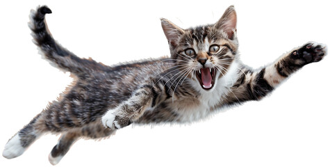 Cute cat flying in the air with open mouth isolated on white background