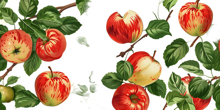 Design an apple pattern with green leaves and red apples, arranged in rows on cream background