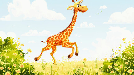 Illustration of a cheerful giraffe prancing through a sunny meadow filled with flowers under a clear blue sky.