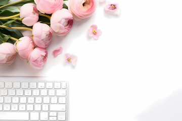 Top view photo of light pink ranunculus flowers and white keyboard on the table