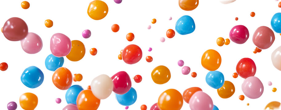 Colorful gumballs falling on a white background in the style of candy