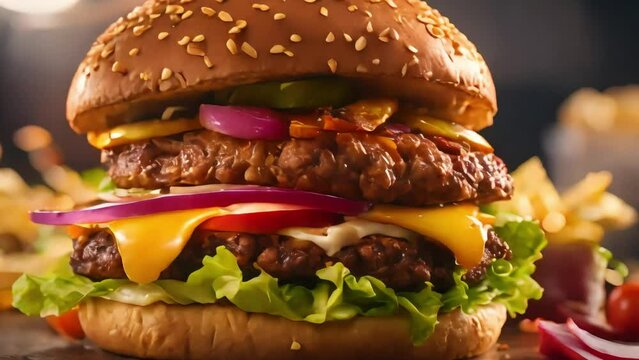 Big appetizing burger with meat cutlet, onion, vegetables, melted cheese, lettuce and mayonnaise sauce. Isolated hamburger rotates on dark smoke background, close-up view, 4k footage, slow mot