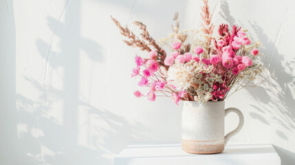 A bouquet of pink and cream dried flowers in a white ceramic jug, casting a soft shadow on a white wall.
