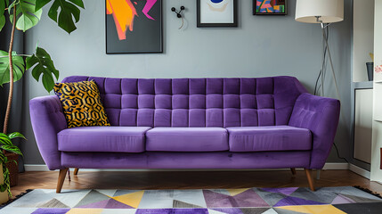 A purple couch sits in a living room with a rug and a lamp.  