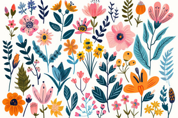 Illustrative pattern of diverse flowers and leaves in a vintage style with vibrant colors.