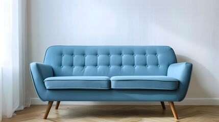 A blue couch sits on a wooden floor next to a white wall.