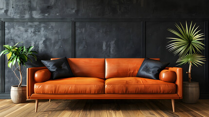 A brown leather couch with black pillows sits in front of a black wall.