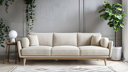 A white couch with colorful pillows sits next to a plant in a living room.