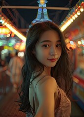Obraz premium Beautiful asian woman in amusement park at night