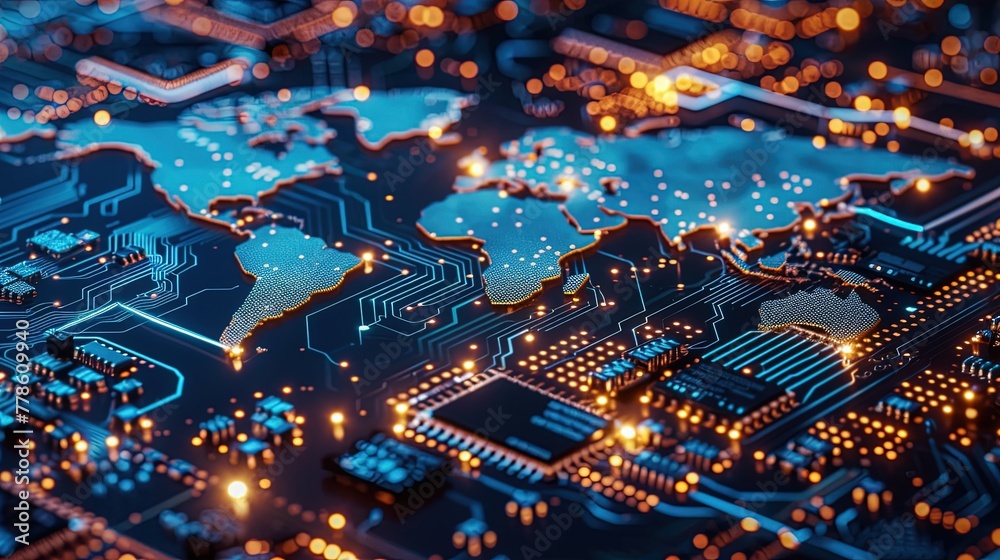 Wall mural the illuminated digital map of the world is engraved on a dark printed circuit board. innovative pc.