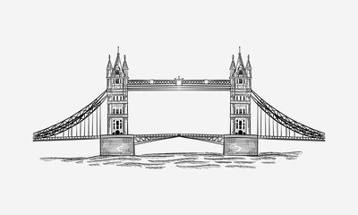 Tower Bridge, London, England, UK. Hand Drawn Illustration. Vector vintage background.