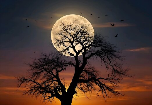 Silhouette of birds with lone tree in the background big full moon at amazing sunset "Elements of this image furnished