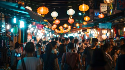Vibrant Night Market in Asia Celebrating Cultural Immersion and Discoveries - obrazy, fototapety, plakaty