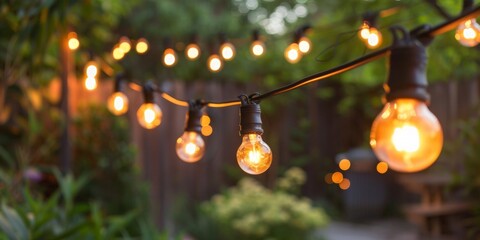 A row of light bulbs hanging from a fence outdoors at dusk