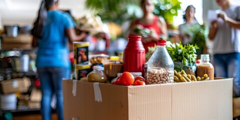 A cardboard box overflowing with an assortment of food items ready for donation