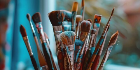 Multiple artistic paint brushes of different shapes and sizes seen up close, neatly stored in a cup