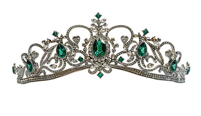A silver tiara with emeralds on it, with very elegant shapes and small diamonds in the shape of hearts