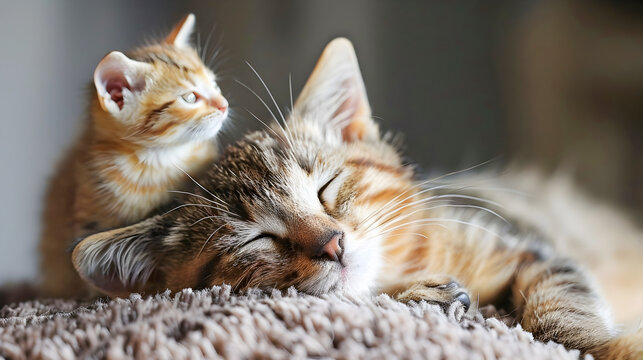 Two Cats Cuddling and Lying Down Together in Soft Focus