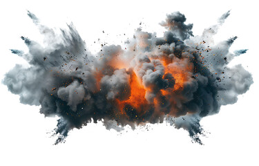 A huge explosion with gray smoke and orange flames on a white background