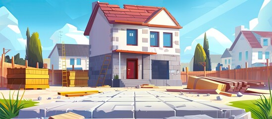 A cartoon illustration of a building under construction with a blue sky, clouds, plants, and windows. The facade and roof of the house are visible in the light - obrazy, fototapety, plakaty
