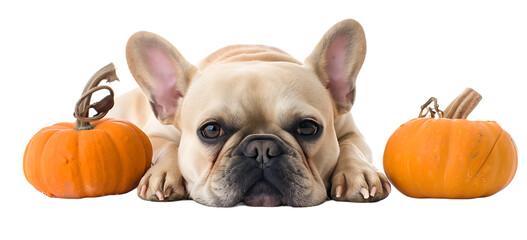 A cream colored french bulldog laying down with two pumpkins on the side, isolated in white background
