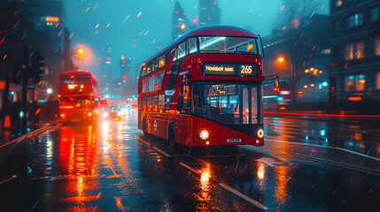 Double decker bus - motion blur effect - British - England - street - dramatic effect  - clock...