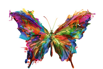 A colorful butterfly with wings made of paint splashes and swirls, set against a black background