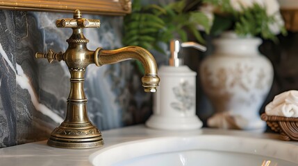 Fototapeta na wymiar Elegant Brass Faucet Over Vintage Sink Showcasing Traditional Design and Craftsmanship