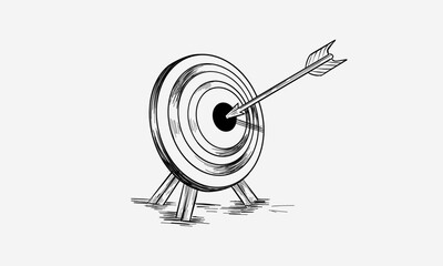 Arrow hitting the center of target. Successful business concept. Hand drawn vector illustration. - obrazy, fototapety, plakaty