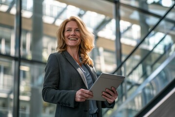 Portrait of a business woman using digital tablet, modern business building, Generative AI