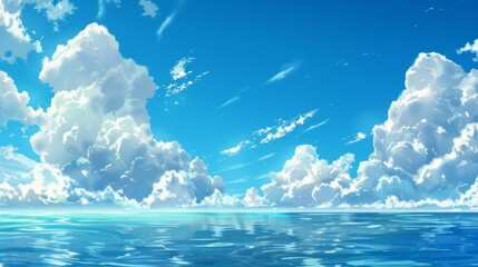 Anime background with calm sea under blue sky and white clouds. Japanese cartoon background. - obrazy, fototapety, plakaty