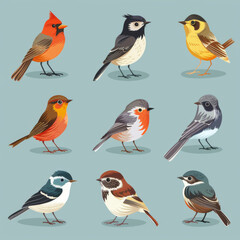Illustration of various colorful birds perched, displayed against a soft blue background..