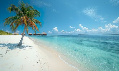 Fototapeta na wymiar Panoramic view of coconut palms on a white sandy beach in the Maldives Islands
