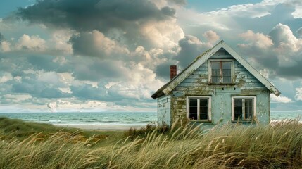 Fototapeta na wymiar A quaint seaside cottage with open windows letting in the salty sea air