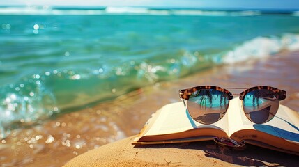A pair of sunglasses resting on a book at the beach