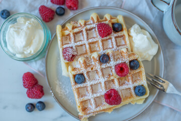 Fresh homemade brussels waffles with berries 