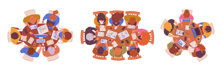 People working top view. Teamwork or brainstorming, characters work at tables view from above, man and woman sitting around wooden desks flat vector illustration set. Work or education process scenes